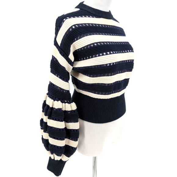 Self-Portrait Striped Balloon Sleeve Cropped Sweater Navy White Small Prep Twee - Picture 11 of 15